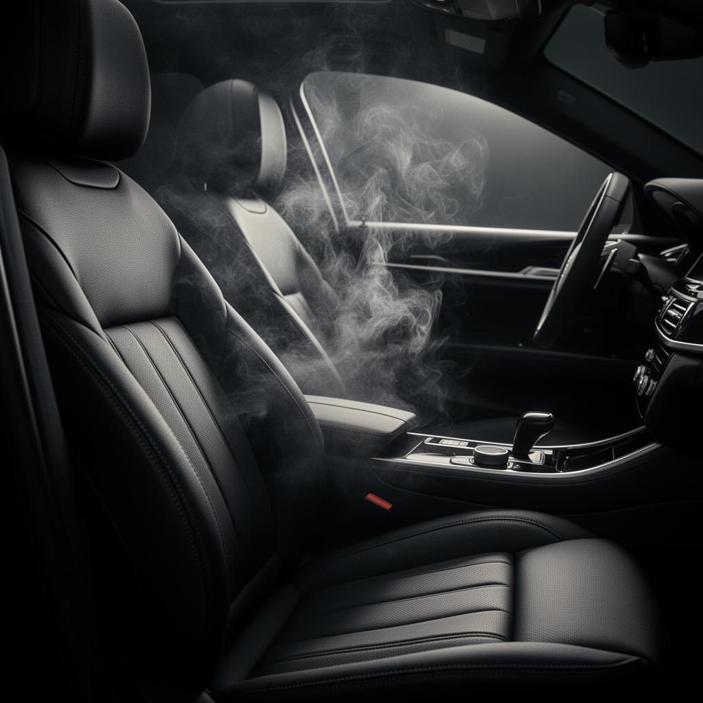 Steam rising over a clean black leather car interior
